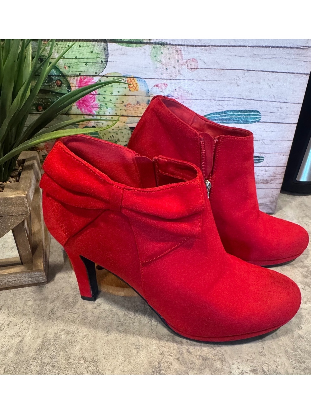 Xappeal Billie Red Ankle Boots with Bow Detail and Suede like Texture Size 10